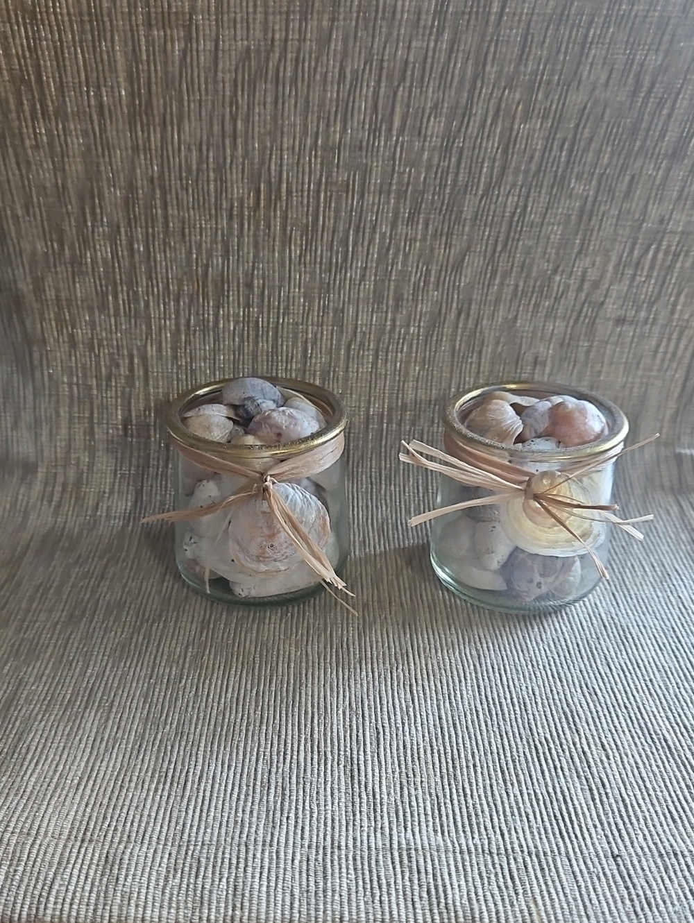 Decorative Glass Jars w/ Gold Trim & Sea Shells. Handmade